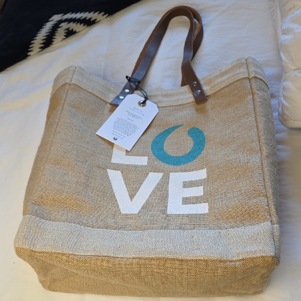 LOVE Natural Jute Tote Bag with Leather Handles Marget Bag